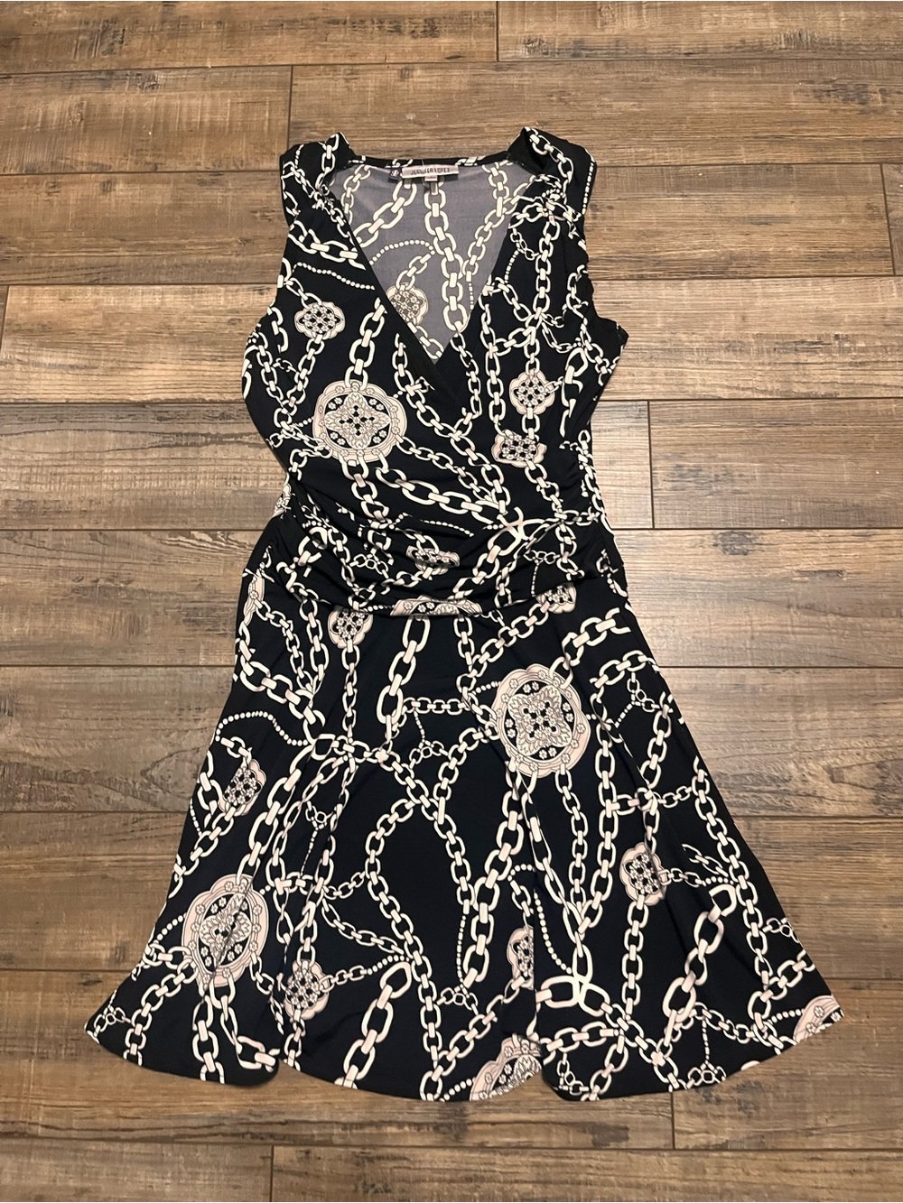 Jennifer Lopez Black Chain-Print Sleeveless Wrap Midi Dress